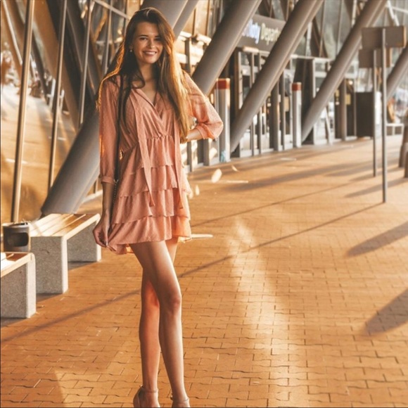 Zara Belted Dotted Mesh Tiered Dress Peach Pink S - Picture 2 of 15